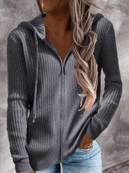 Front or angled view of the gray ribbed zip-front hooded cardigan with long sleeves.