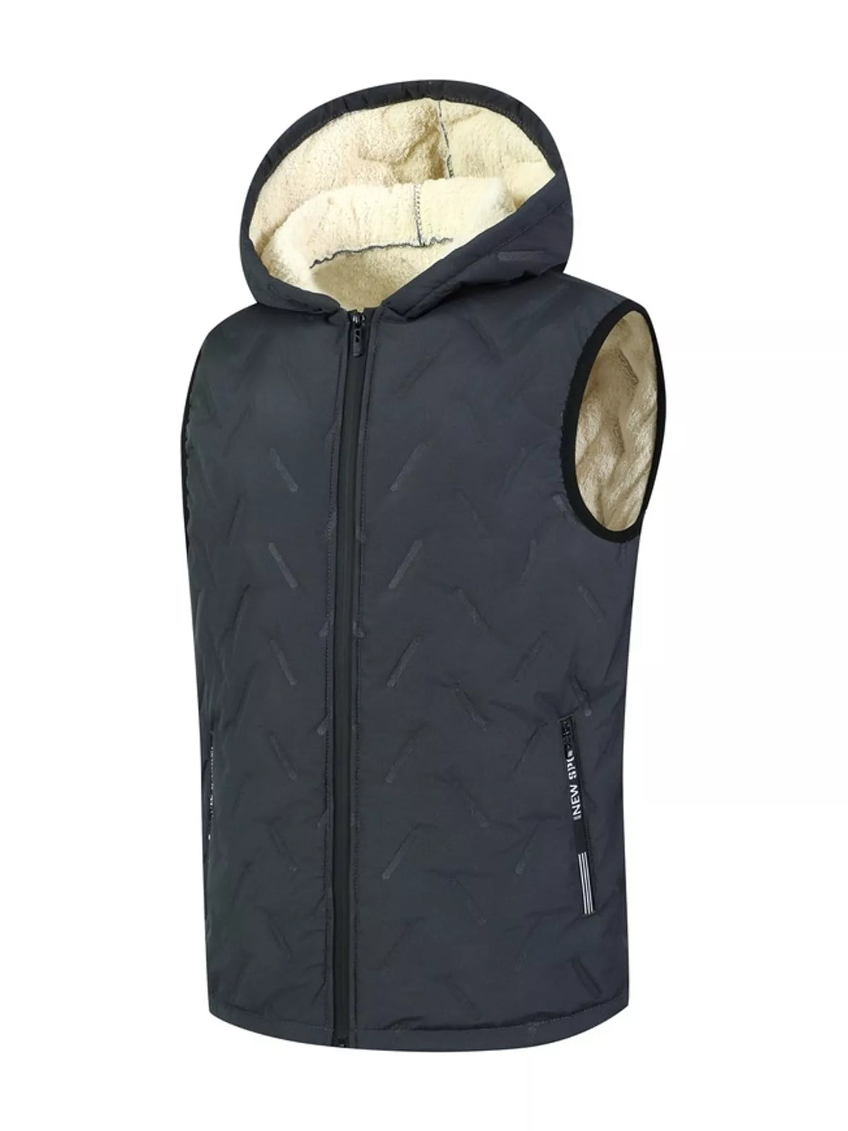 Gray hooded men's fleece-lined quilted vest, front three-quarter view. One vest only.