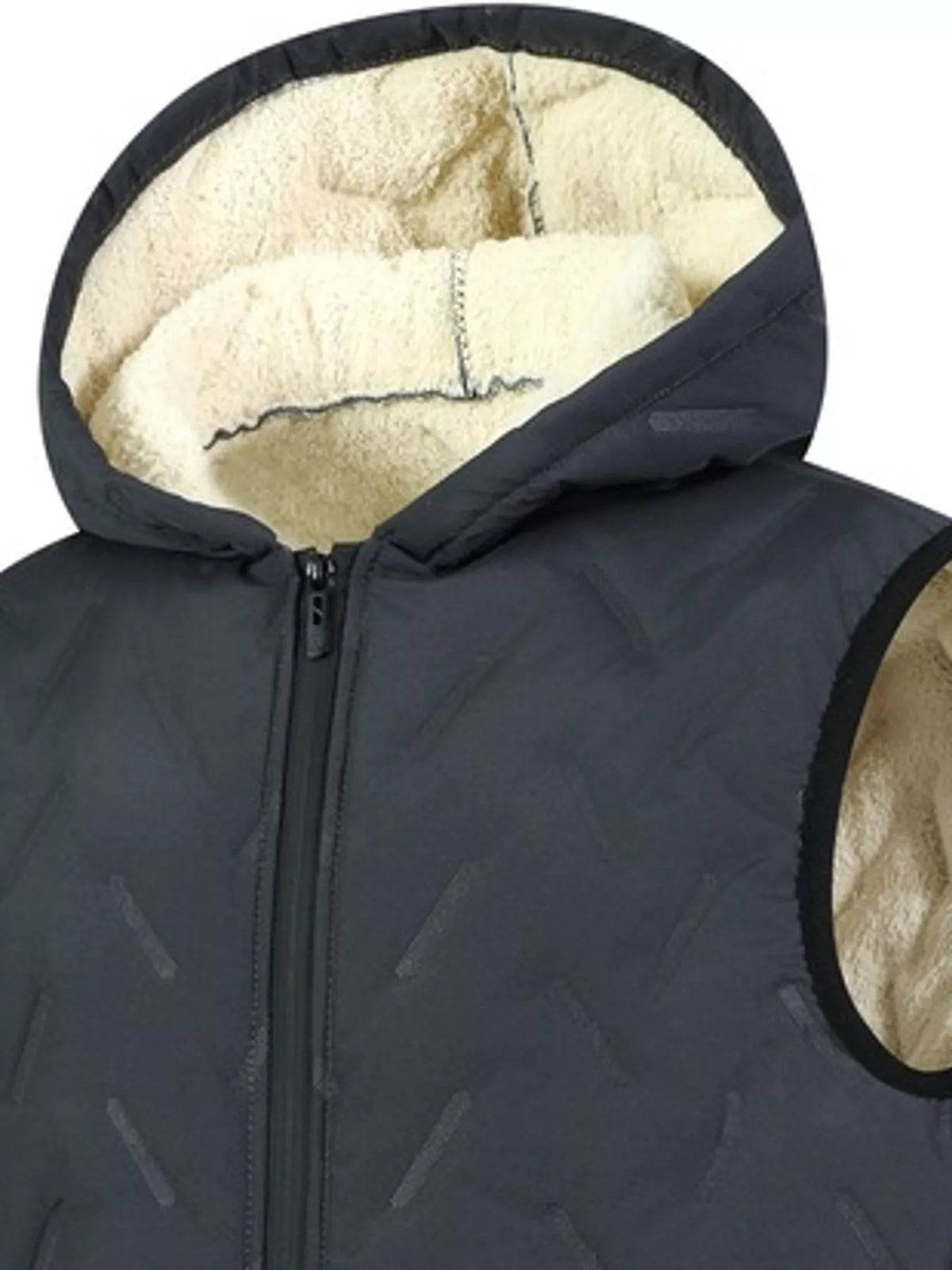 Gray hooded men's fleece-lined quilted vest, hood and lining detail. One vest only.