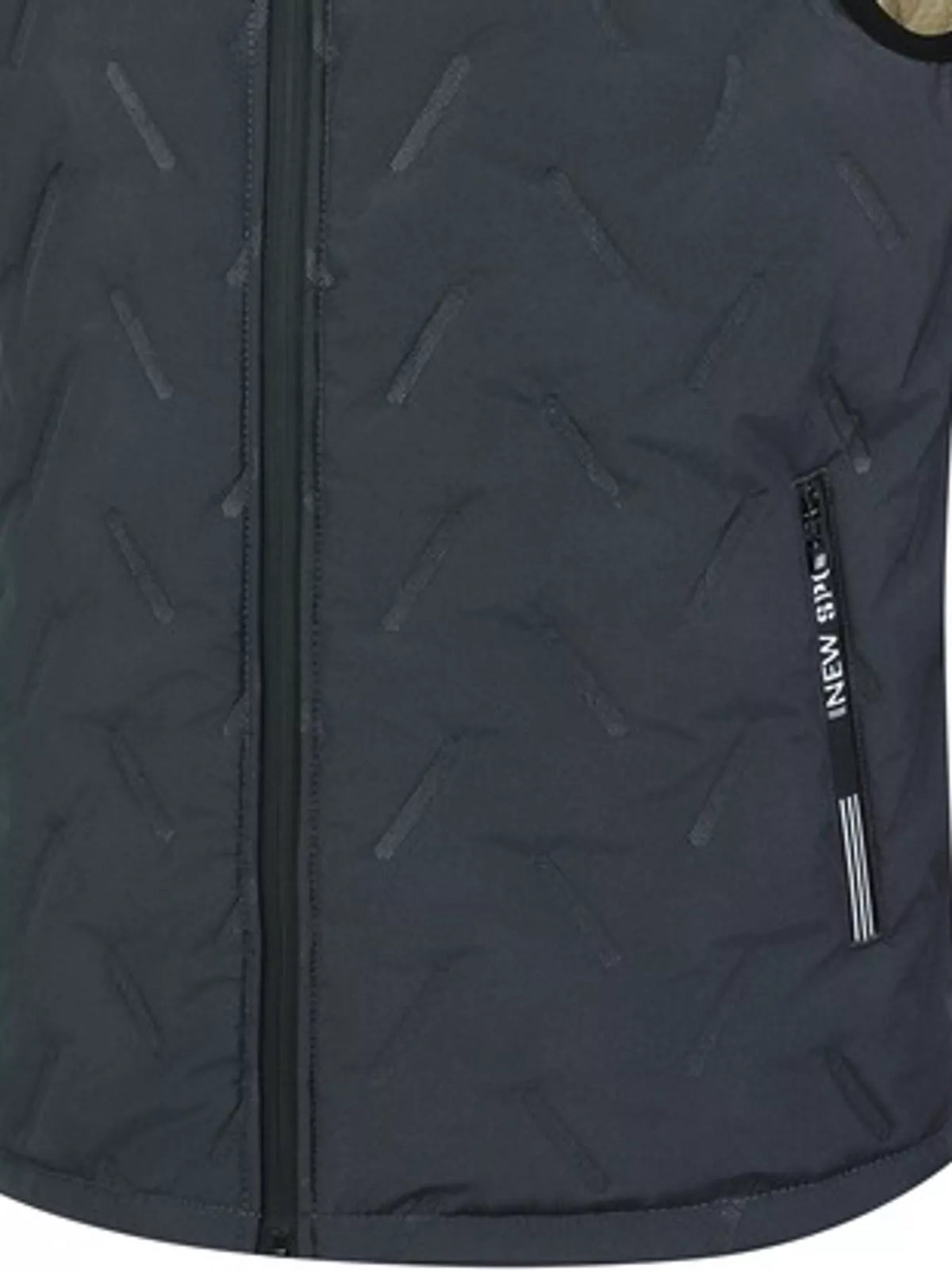 Gray hooded men's fleece-lined quilted vest, zipper and pocket detail. One vest only.