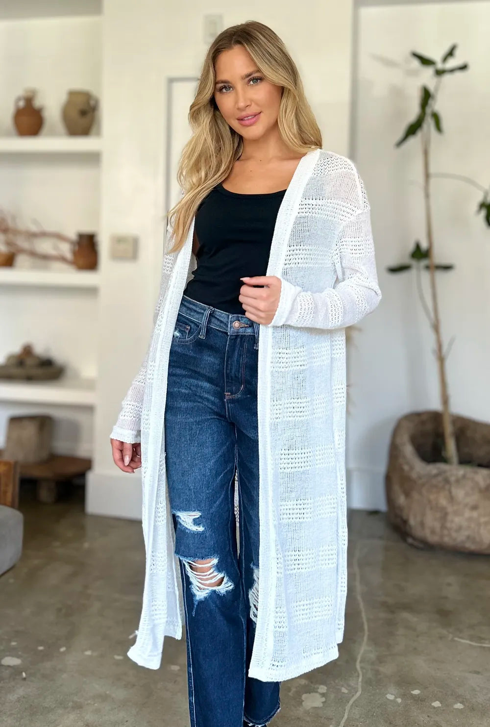 White Double Take openwork longline cardigan — front view