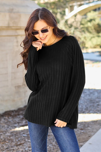 Basic Bae opaque ribbed long-sleeve knit top in Black, front view