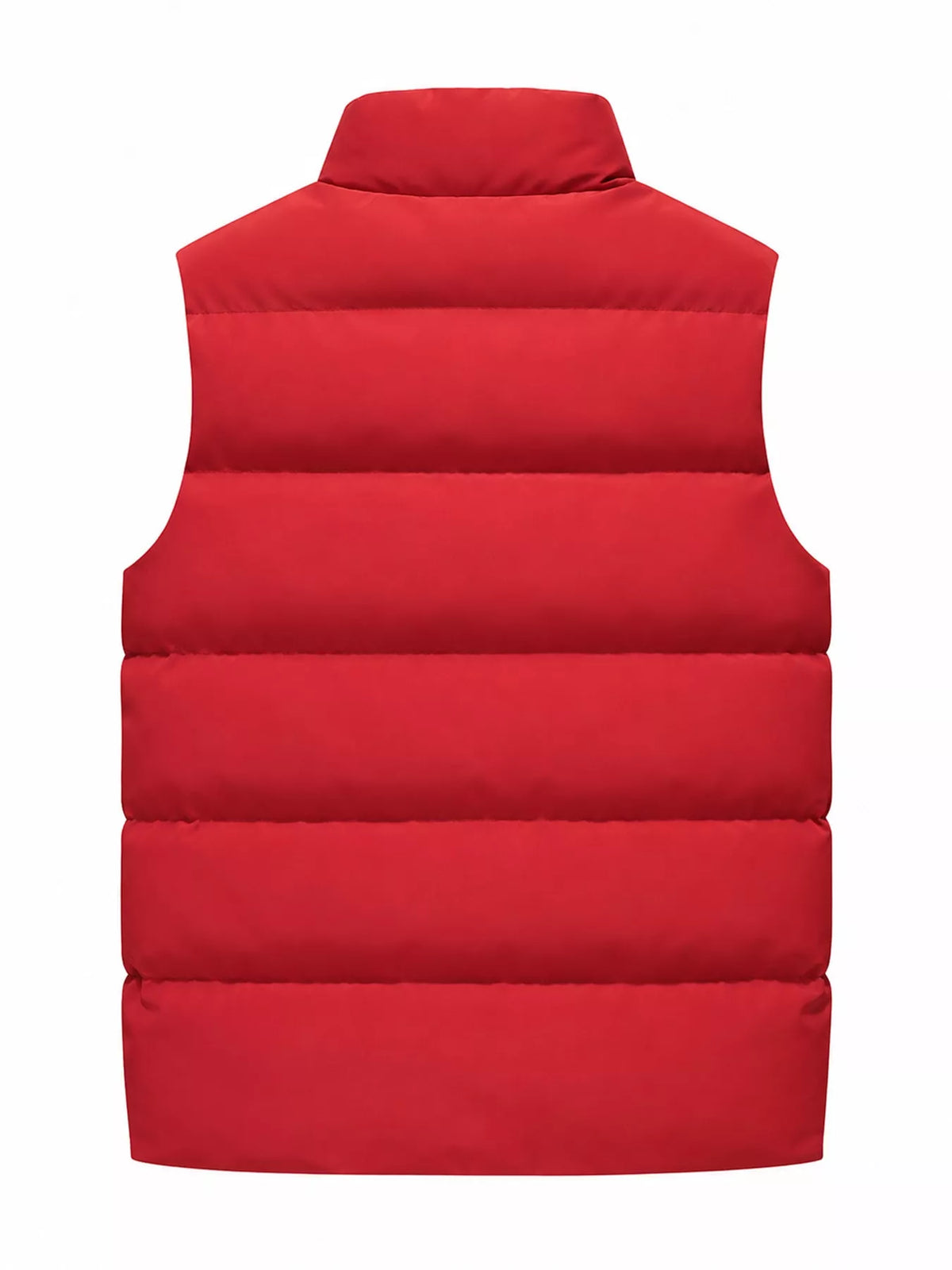 Red men's lightweight zip-up puffer vest — back view