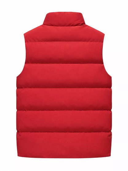Red men's lightweight zip-up puffer vest — back view