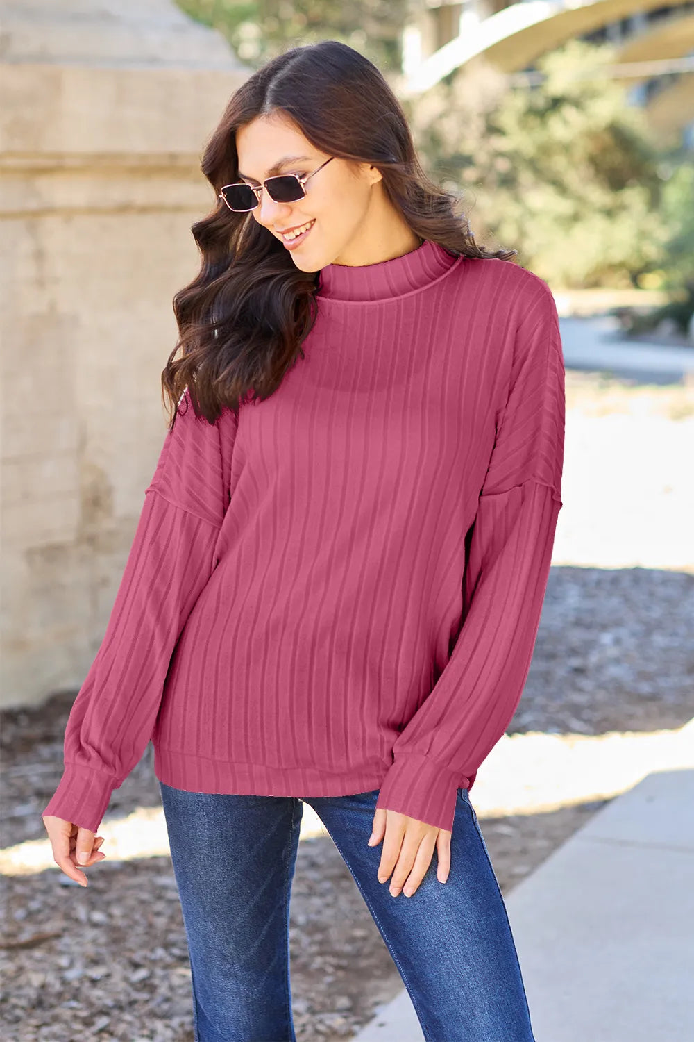 Basic Bae ribbed mock-neck long-sleeve knit top in Hot Pink, front view; top only.