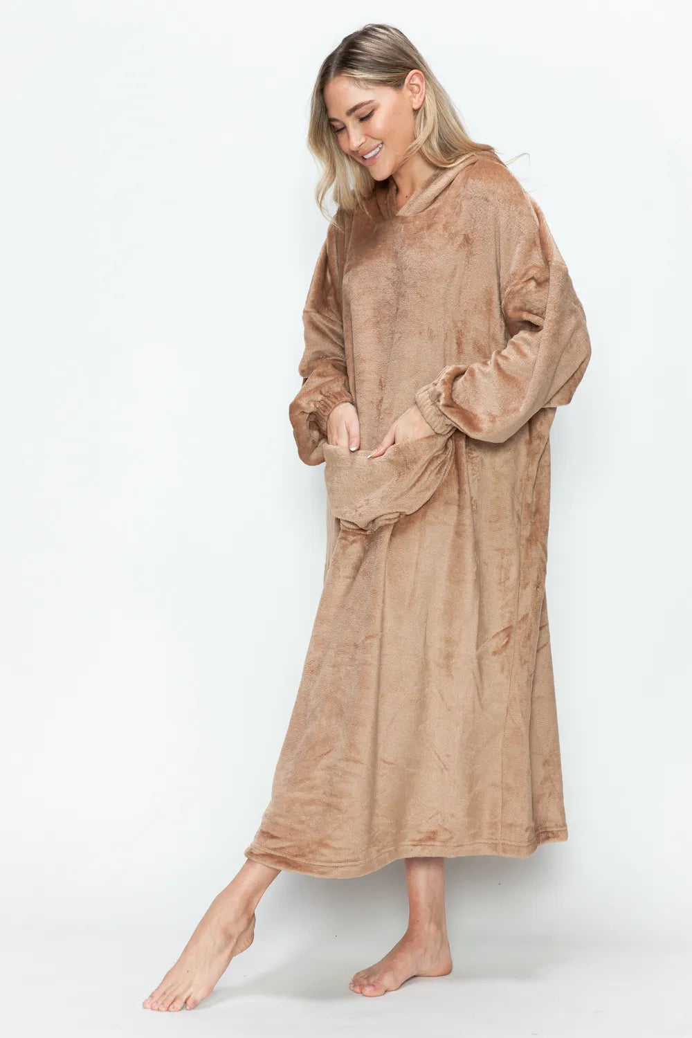 Mocha hooded midi lounge dress with long sleeves and front kangaroo pocket, front or angled view. One dress; styling accessories not included.