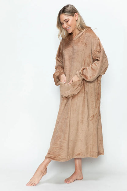 Mocha hooded midi lounge dress with long sleeves and front kangaroo pocket, front or angled view. One dress; styling accessories not included.