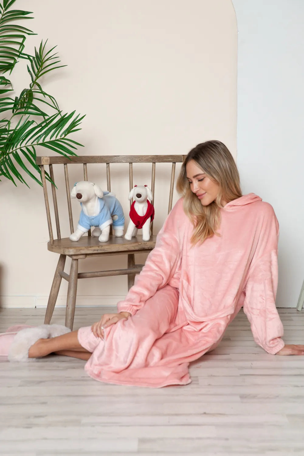 Dusty Pink hooded midi lounge dress with long sleeves and front kangaroo pocket, front or angled view. One dress; styling accessories not included.