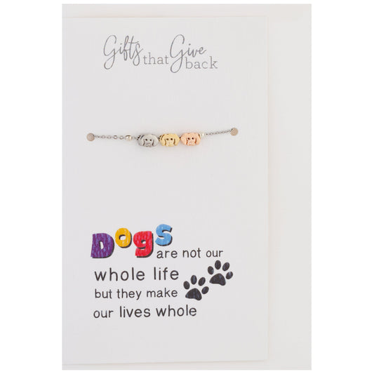 Love of Pets Dog-design charm bracelet on its dog-themed presentation card; one bracelet included.