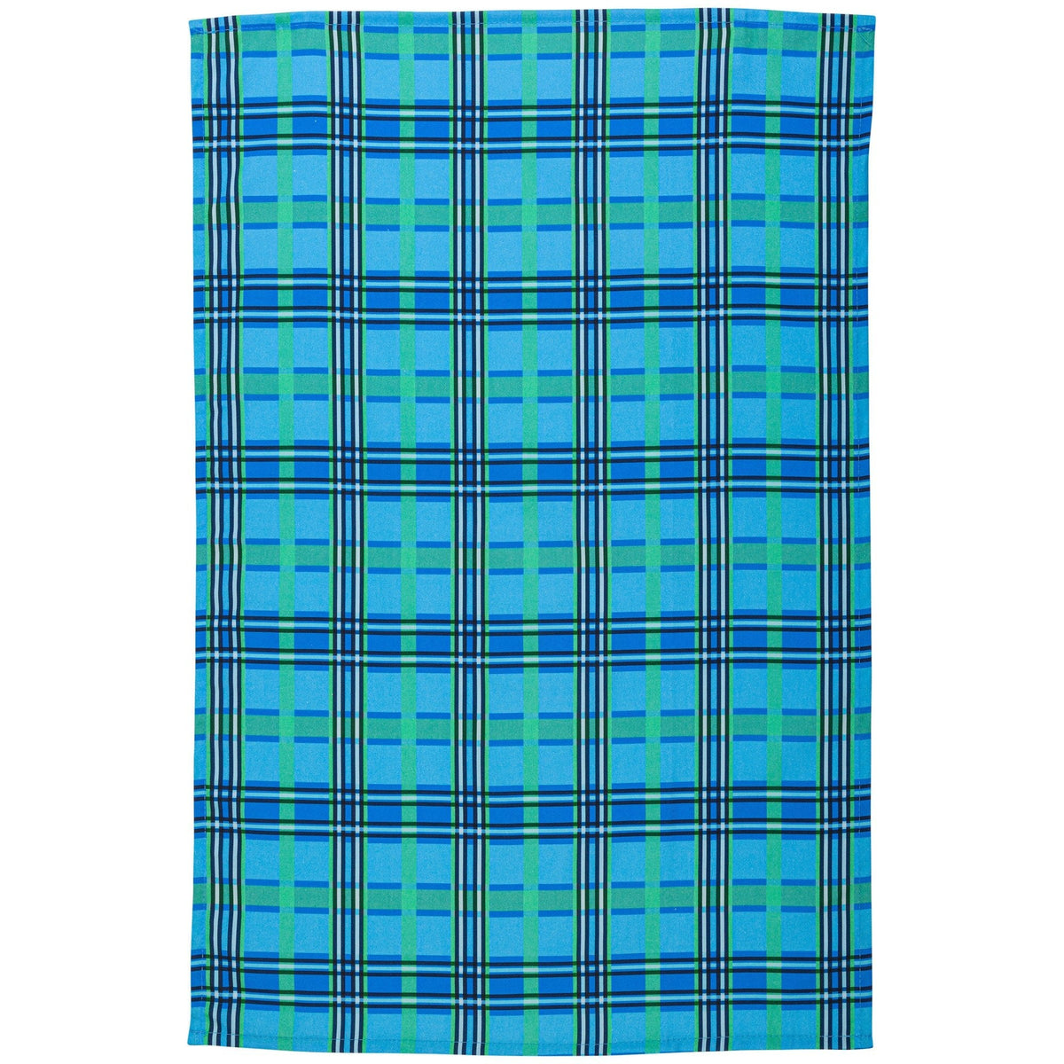 Coordinating green and blue plaid Garden of Dragonflies towel laid flat.