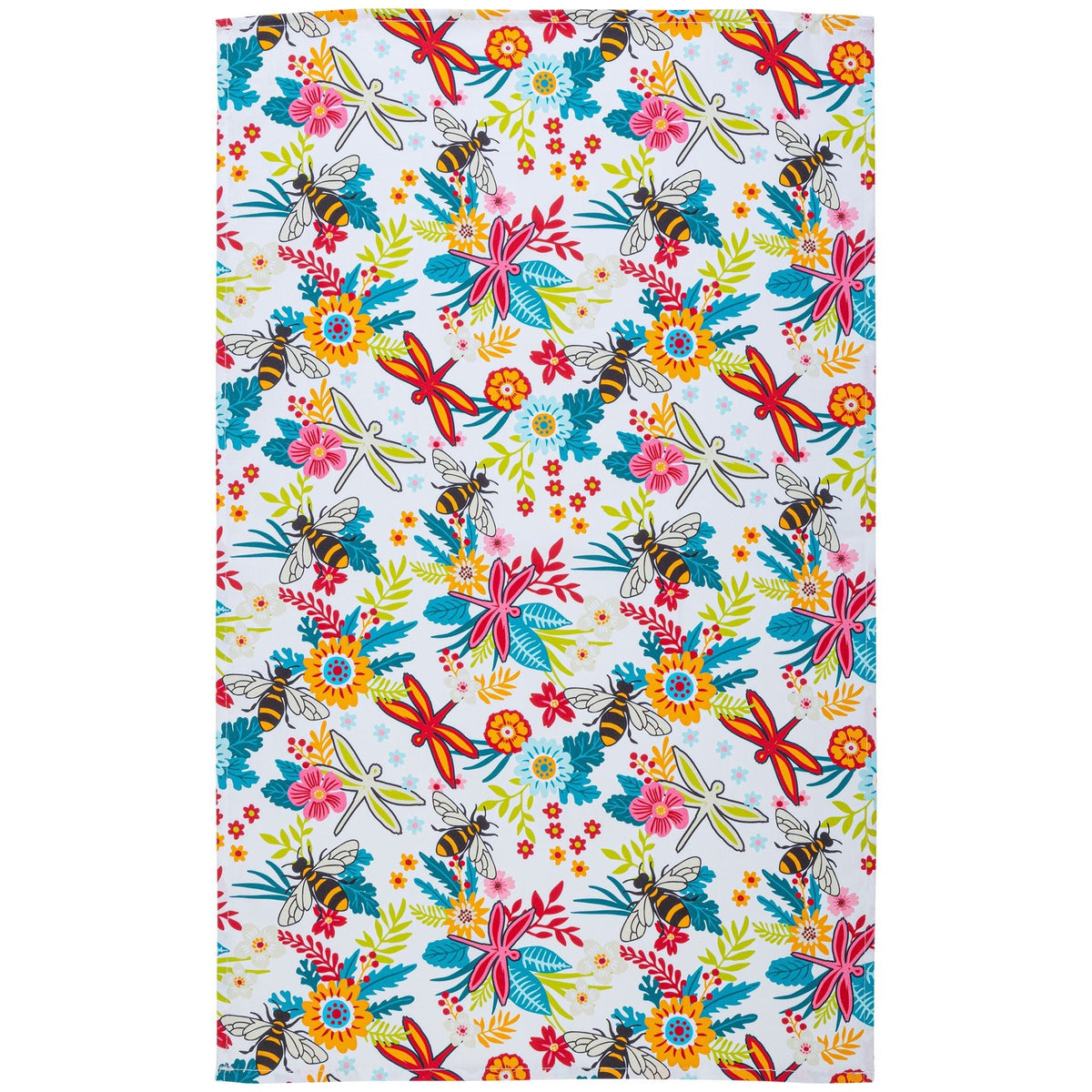 Garden of Dragonflies floral cotton towel laid flat.