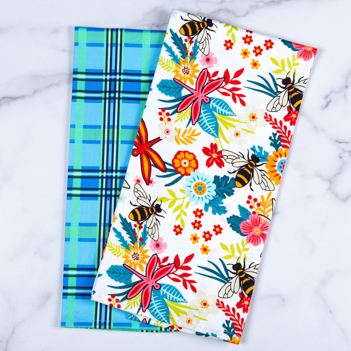 Garden of Dragonflies kitchen-towel pair on a counter.