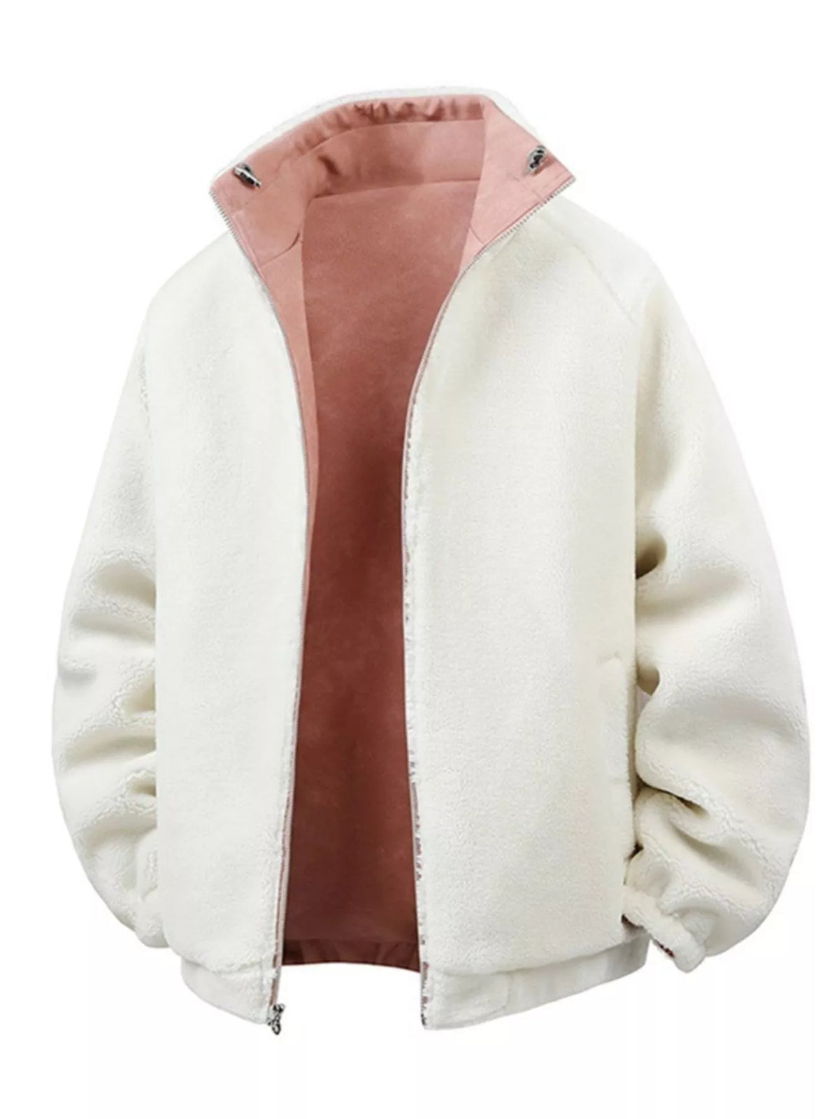 Pink jacket lining view showing the contrasting fleece surface, zip front and stand collar.