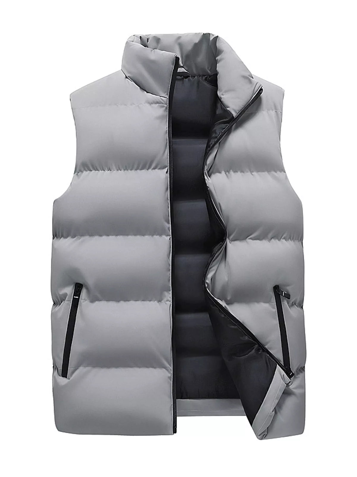 Gray men's lightweight zip-up puffer vest — front view