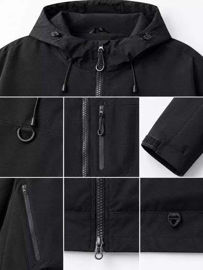 Black men's hooded multi-pocket zip jacket — zipper, hood and cuff details