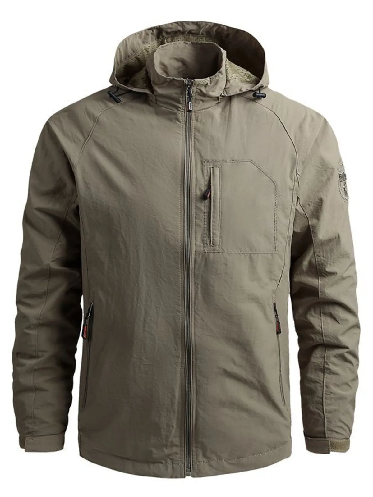 Khaki hooded jacket, front view