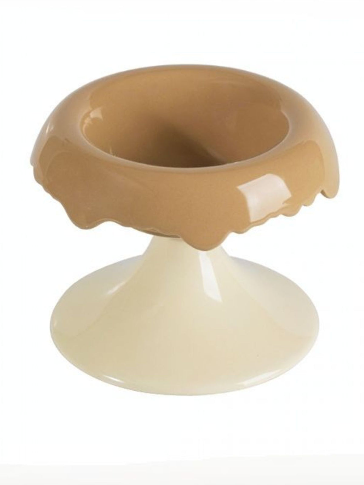 Camel-and-white elevated ceramic pet bowl shown empty.