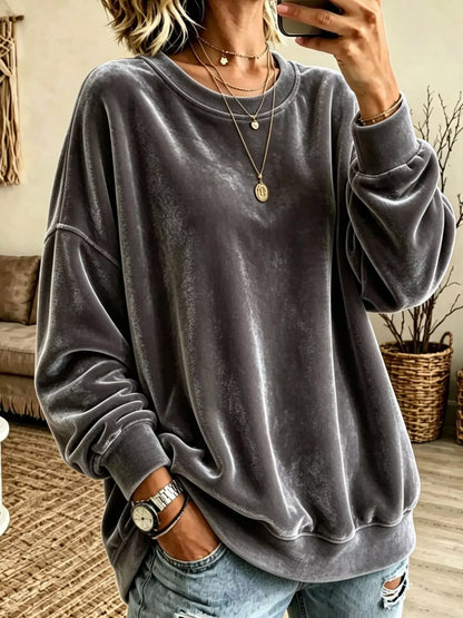 Velvet crewneck sweatshirt — Dark Gray front view. One sweatshirt only; jewellery and jeans are styling items, not included.