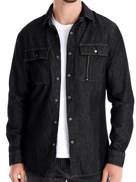 Black denim shirt worn open over a white undershirt.