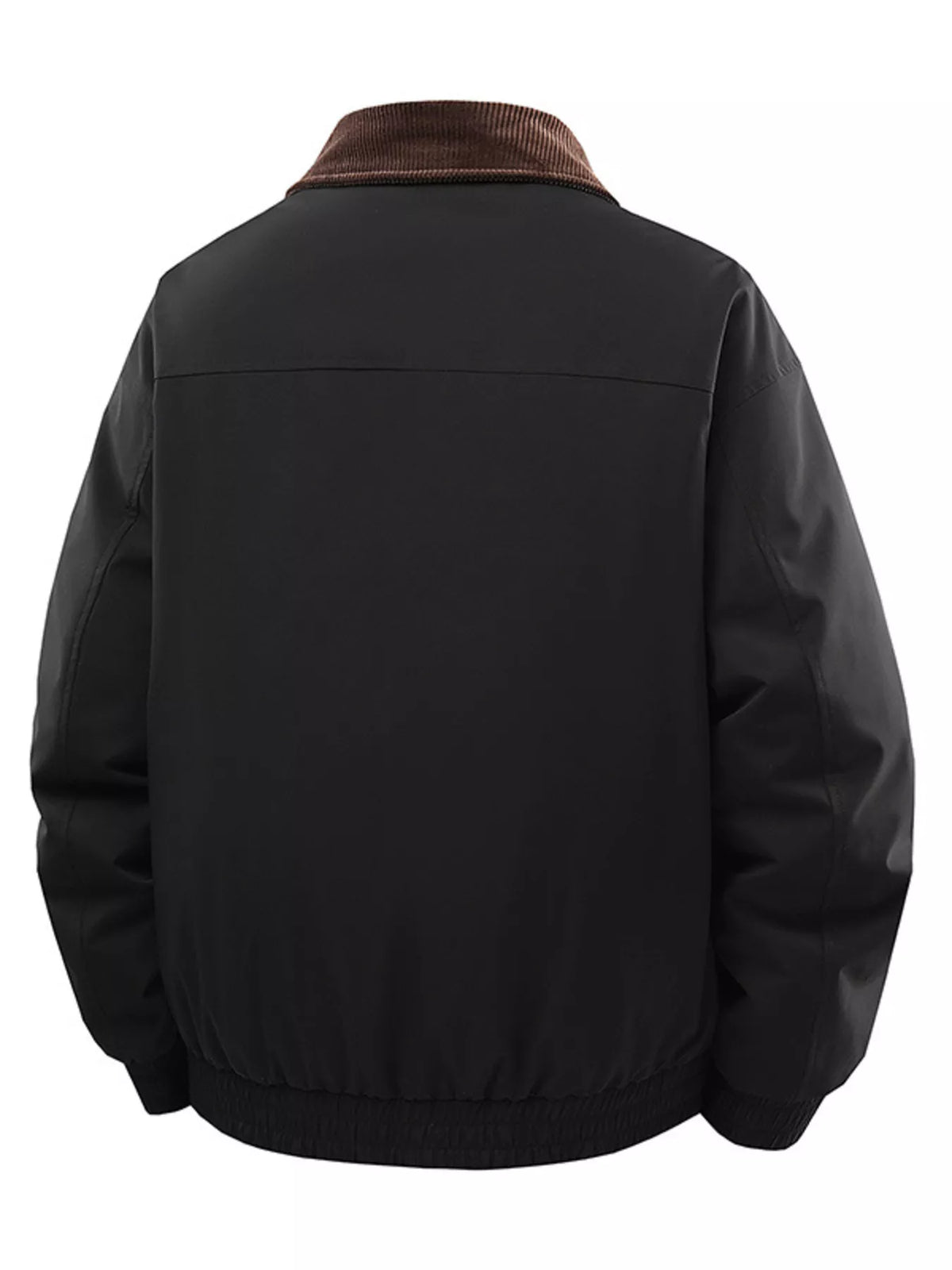 Black jacket rear view with brown corduroy collar, shoulder seam and elasticated hem and cuffs