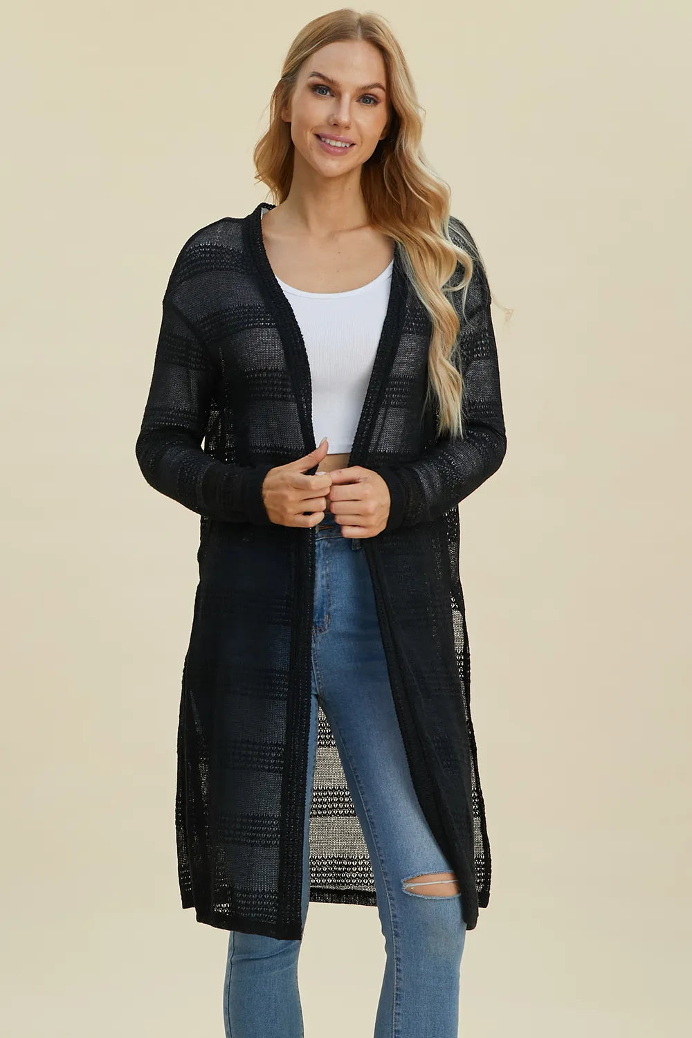 Black Double Take openwork longline cardigan — front view