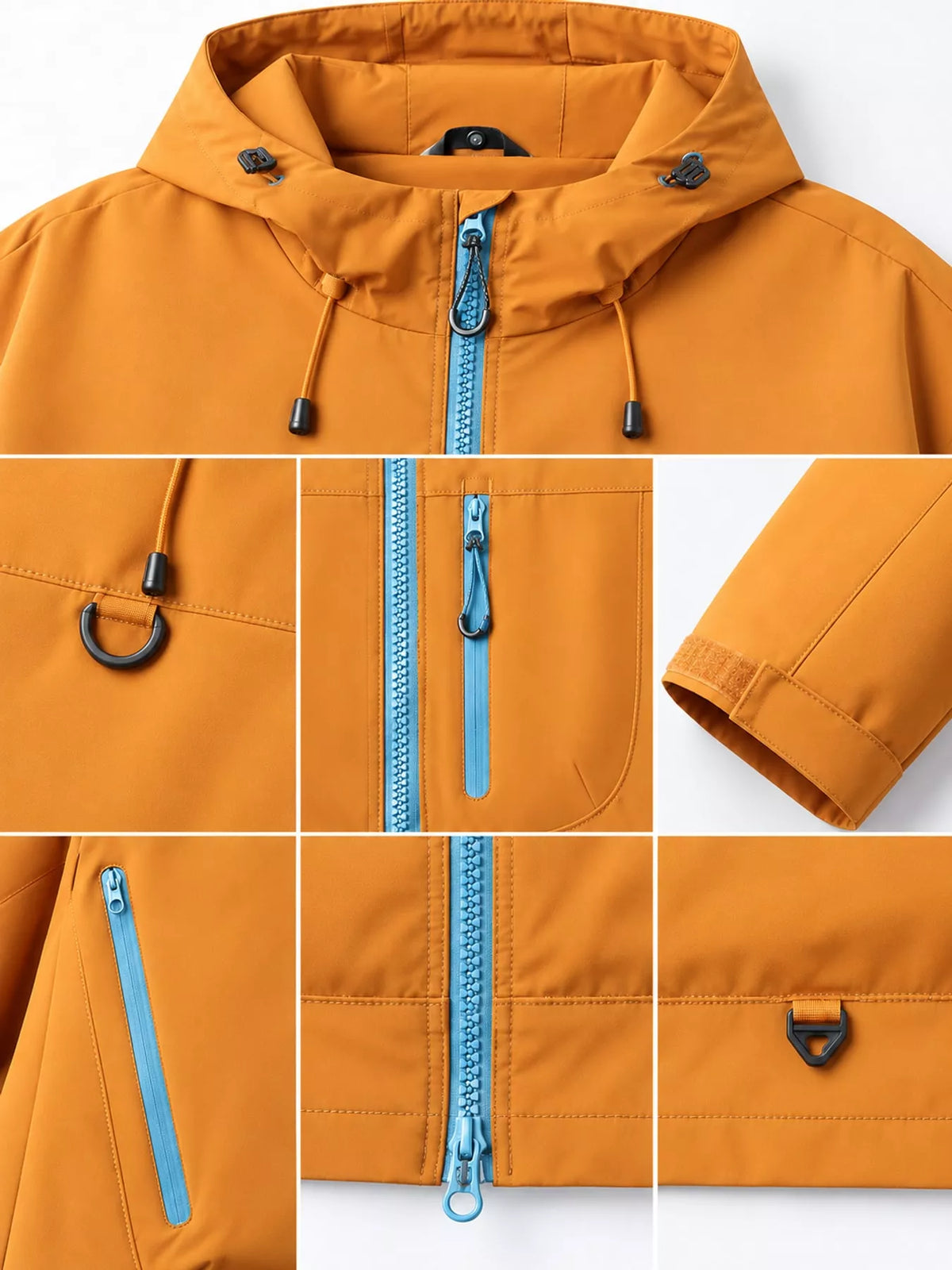 Orange men's hooded multi-pocket zip jacket — zipper, hood and cuff details