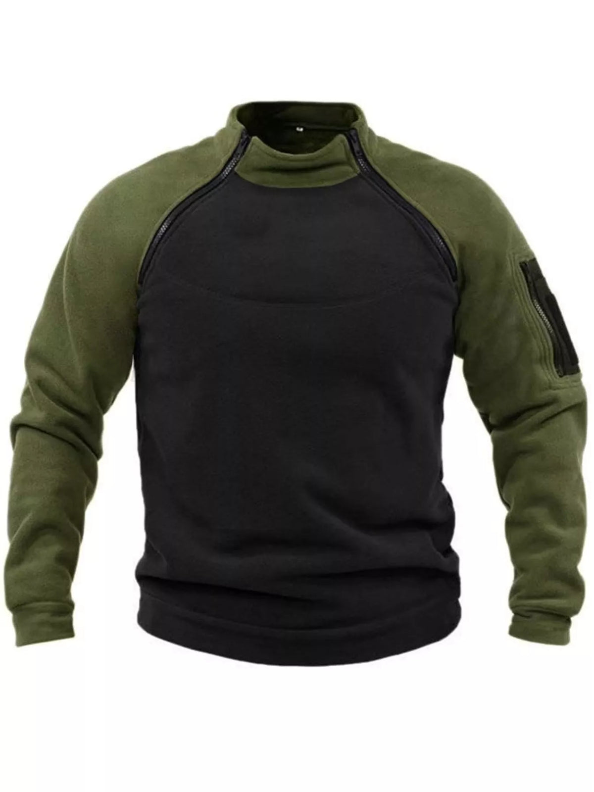 Colour-block fleece sweatshirt with green shoulders and sleeves and a dark body.