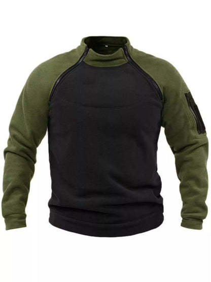 Colour-block fleece sweatshirt with green shoulders and sleeves and a dark body.