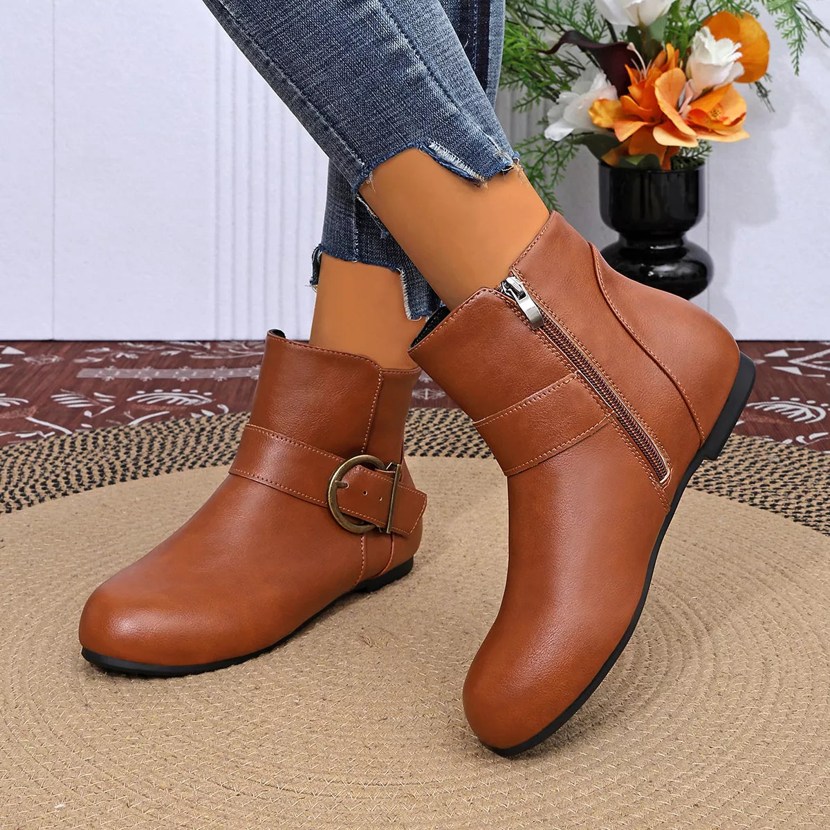 Brown round-toe ankle boots with side zipper