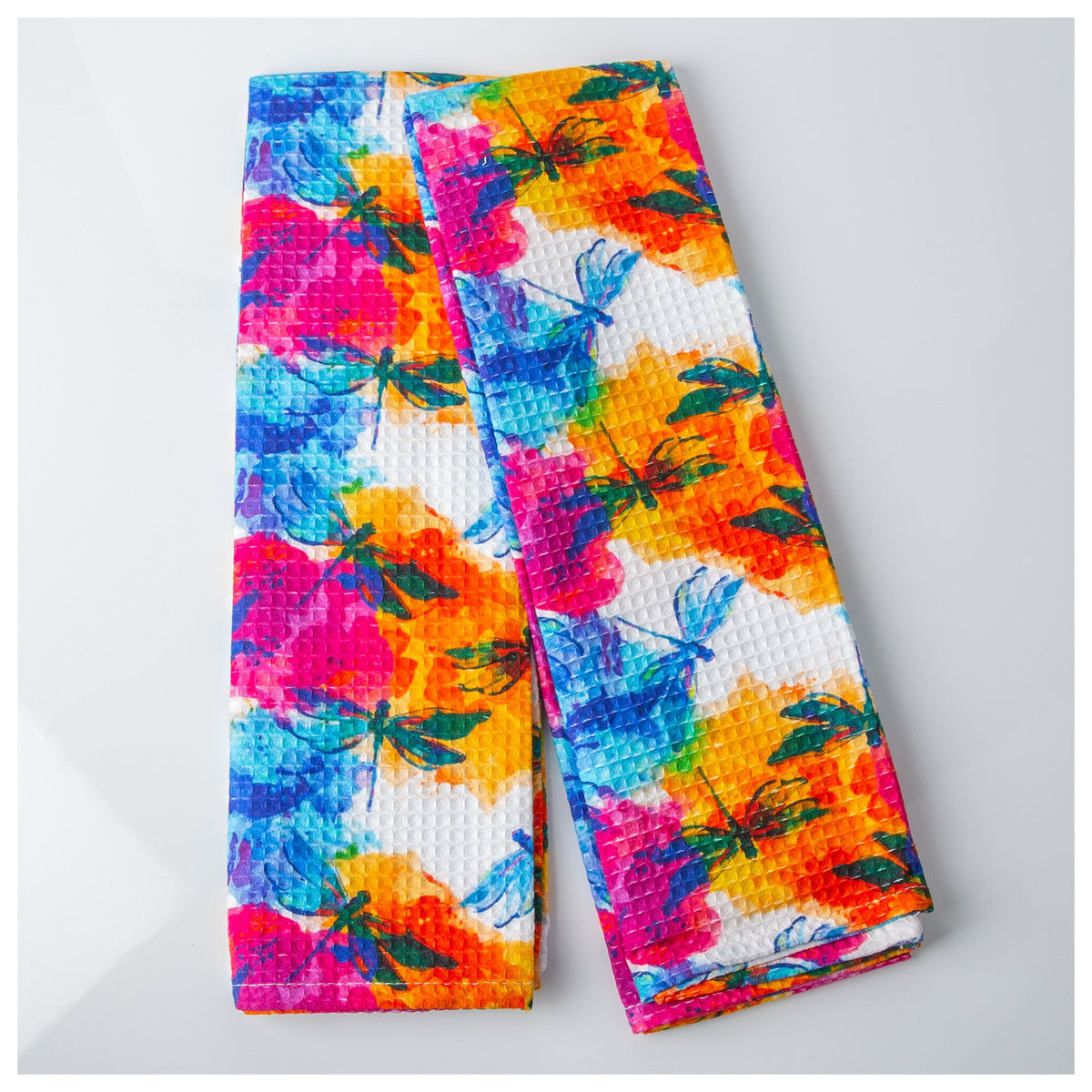 Two folded Dragonflies print cotton kitchen towels.