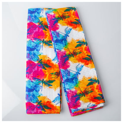 Two folded Dragonflies print cotton kitchen towels.
