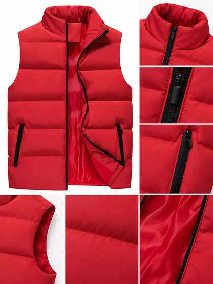 Red men's lightweight zip-up puffer vest — collar, zipper and quilting details