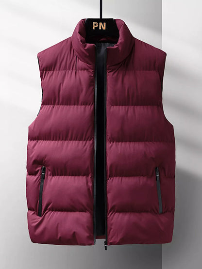 Burgundy men's lightweight zip-up puffer vest — front view
