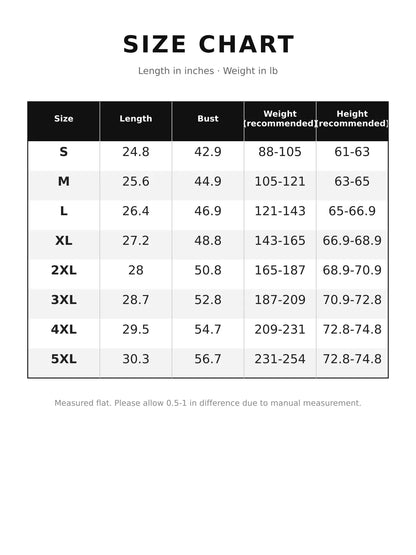 Men's corduroy-panel puffer vest size chart, S to 5XL; garment length and bust in inches.