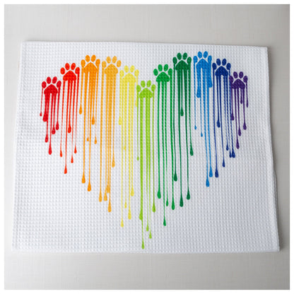 Rainbow Paws heart design on one cotton towel.