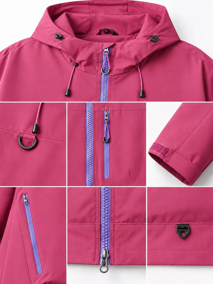 Pink men's hooded multi-pocket zip jacket — zipper, hood and cuff details