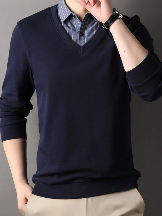 Dark Blue long-sleeve polo with striped collar, front torso view with one forearm raised