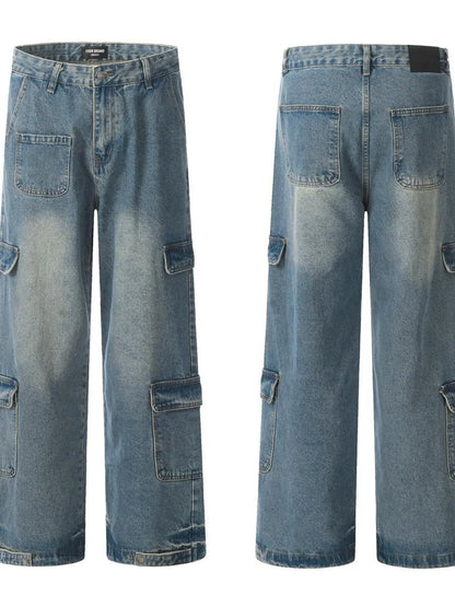 Side-by-side front and back views of the same washed blue cargo jeans.