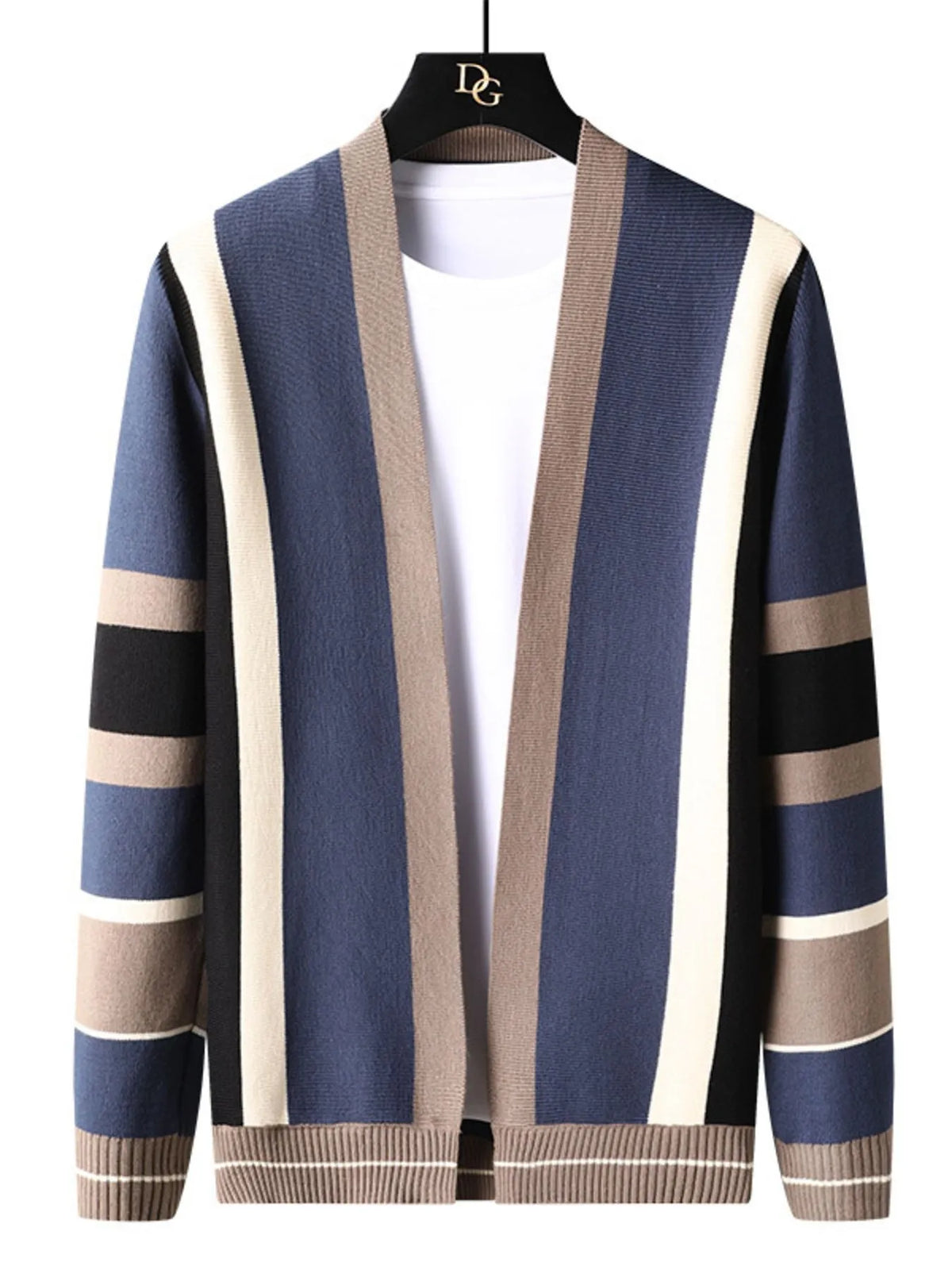 Back view of the Blue cardigan showing horizontal stripes and ribbed hem.