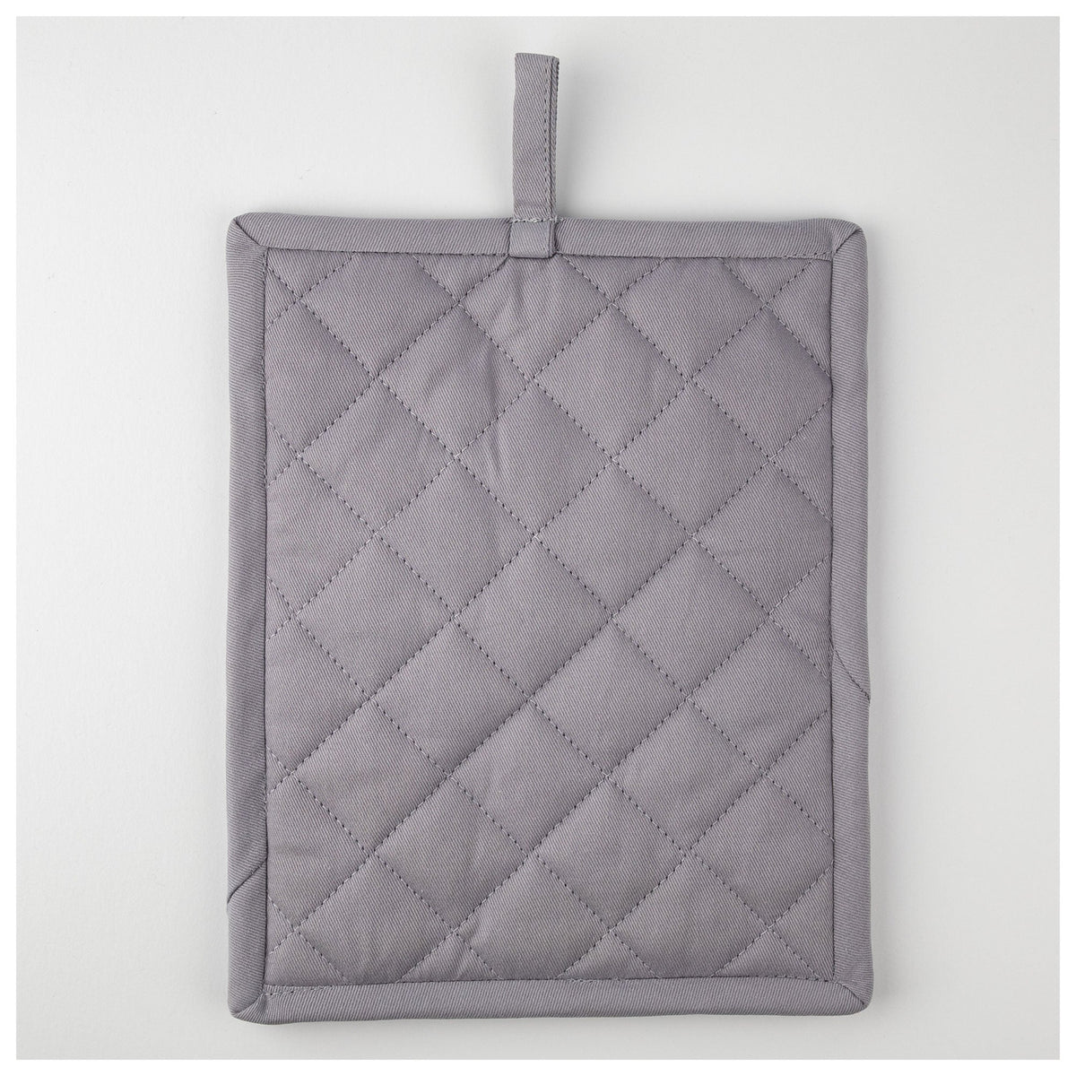 Quilted gray reverse of the Food Puns pot holder with hanging loop.