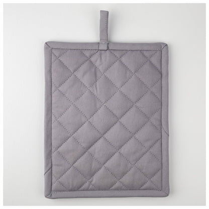 Quilted gray reverse of the Food Puns pot holder with hanging loop.