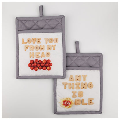 Pasta and Tomatoes pot-holder designs shown for comparison; choose one design.