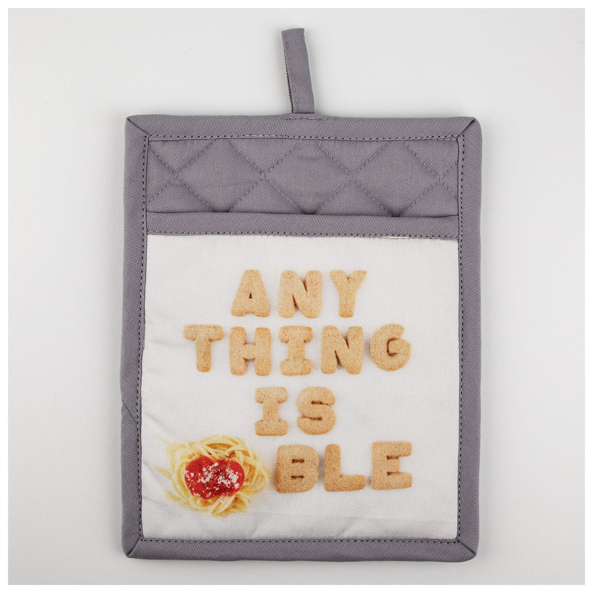Pasta-design pot holder with gray trim and a playful food pun.