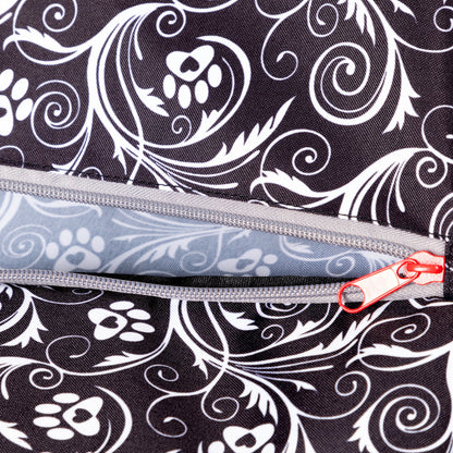 Close view of the Flourish Paws backpack's zippered pocket.