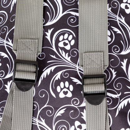 Close view of the Flourish Paws backpack's gray shoulder straps and adjusters.
