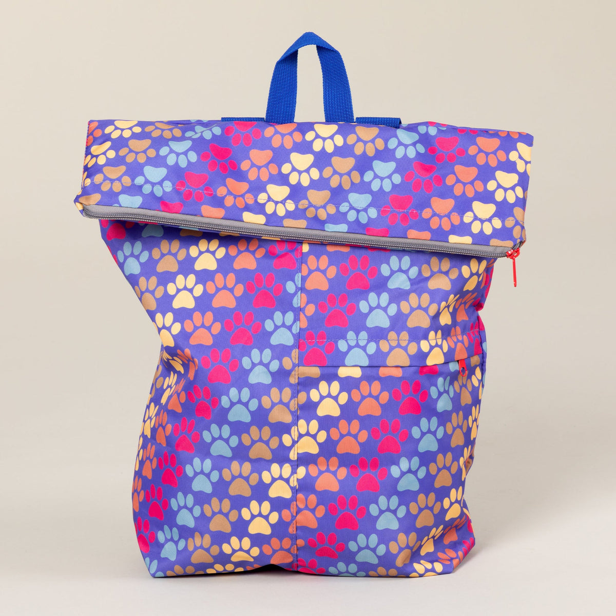Front view of the Diagonal Paws multicolor packable backpack.