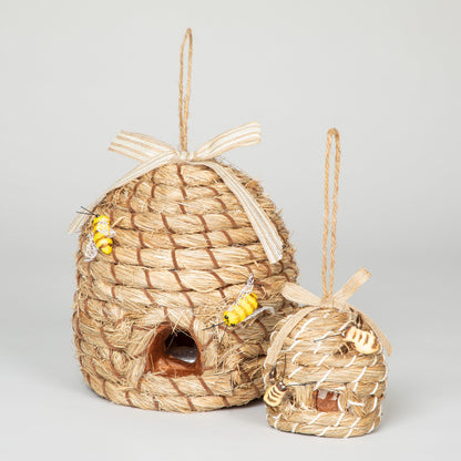 Large and small decorative beehive-shaped birdhouses shown together for size comparison. One selected size per order.