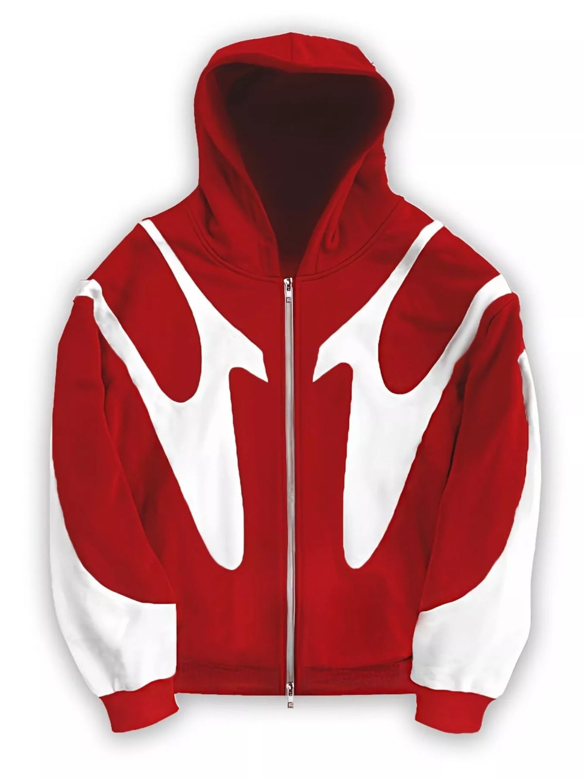 Red and white oversized full-zip hoodie, front flat lay