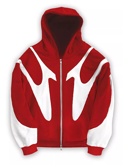 Red and white oversized full-zip hoodie, front flat lay