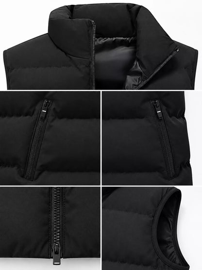 Black men's lightweight zip-up puffer vest — collar, zipper and quilting details